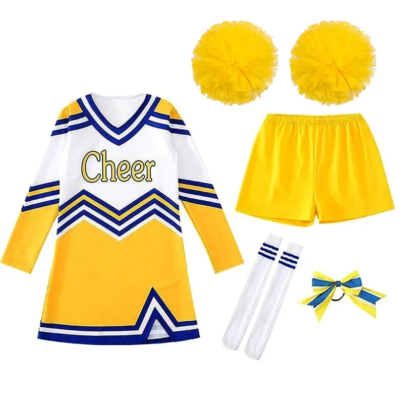 5pcs/Set Contrast Color Schoolgirl Costume Cheerleader Pompoms Uniform Girls Boy School Games Football Gymnastics Match Suit