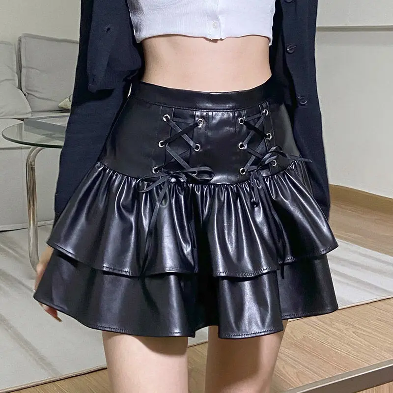 Dark Wind Gothic Bandage Pu Pleated Skirt Black Leather High Waist Mini Skirts Women 2021 Fashion Preppy Style Skirt