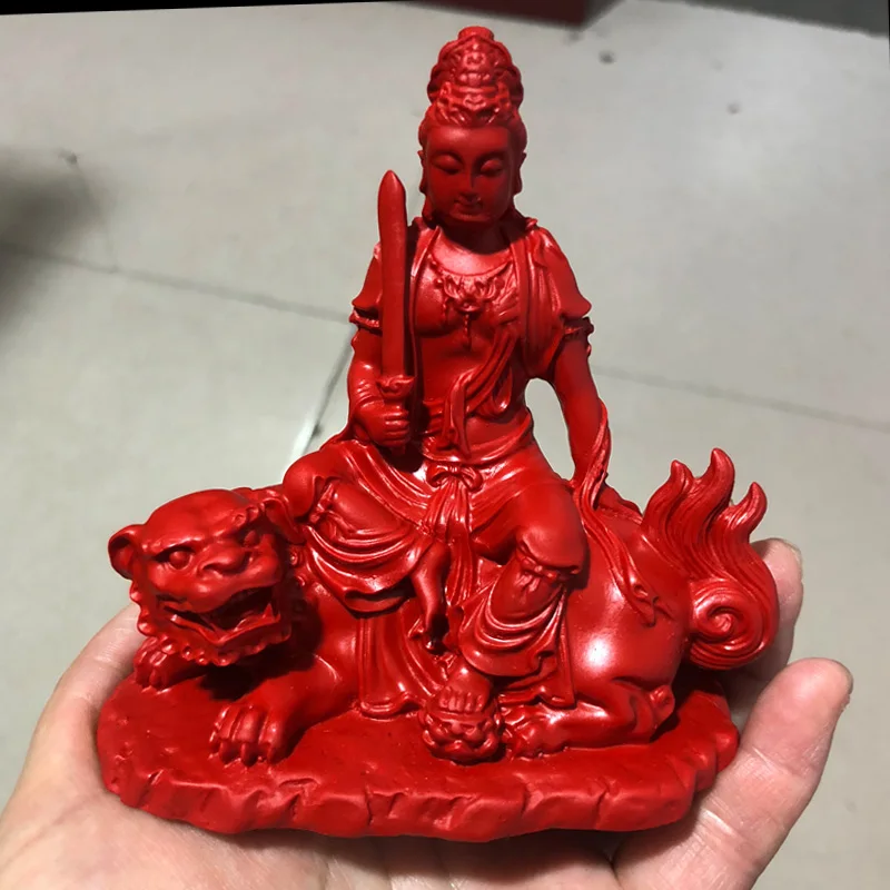 Natural cinnabar natal year Manjushri Natal Buddha Lion Bodhisattva sits on the table and is guarded by the Zodiac Rabbit