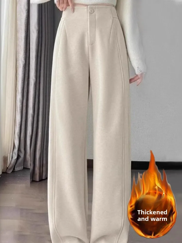 ハイウエストワイドレッグパンツ レディース 裏起毛ストレート冬用パンツ バナナサイスパンツ カジュアルロングパンツ