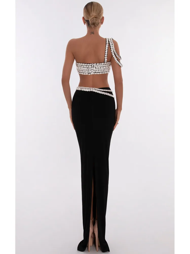 New Women Beaded Crystal Sexy One Shoulder Cut Out Long Black Bodycon Bandage Dress Elegant Evening Birthday Party Dress