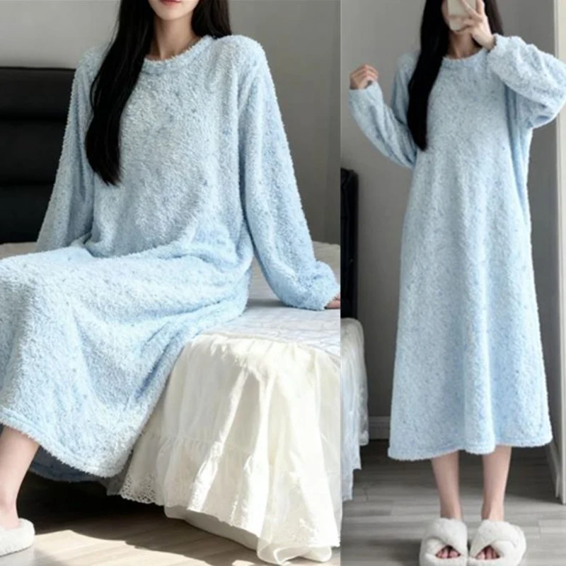 Baju Tidur Wanita Musim Dingin 2025 Lengan Panjang Tebal Hangat Bahan Flanel Korea Lucu Beludru Karang Pakaian Tidur Gaun Tidur Nighty