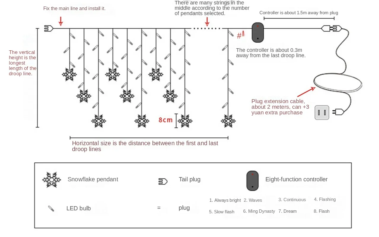 3.5M LED Snowflake Christmas Light Curtain Fairy String Outdoor Decoration