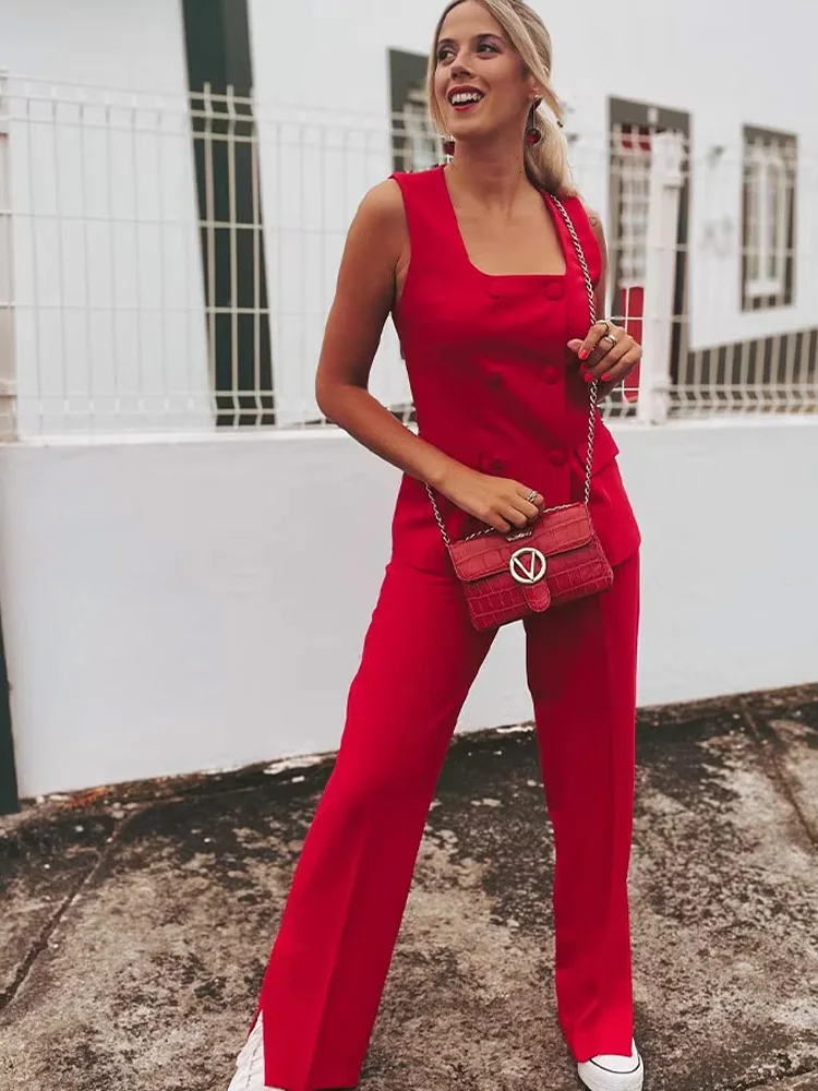 

HH женский летний комплект с квадратным вырезом без рукавов, двубортный жилет, топ + прямые брюки с разрезом до середины талии, женские модные костюмы