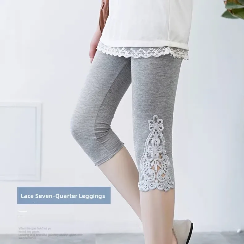 

Seven-Foot Women's Slim Fit Elastic plus Size Modal Lace Trim Summer Thin Base Layer Pants High Waist Skirt Pants