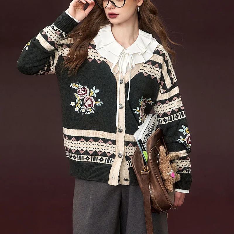 Floral Embroidery Woman Sweater Cardigan V Neck Soft Knitwear Jumper Female Jacket Long Sleeve Casual Sweater Coat