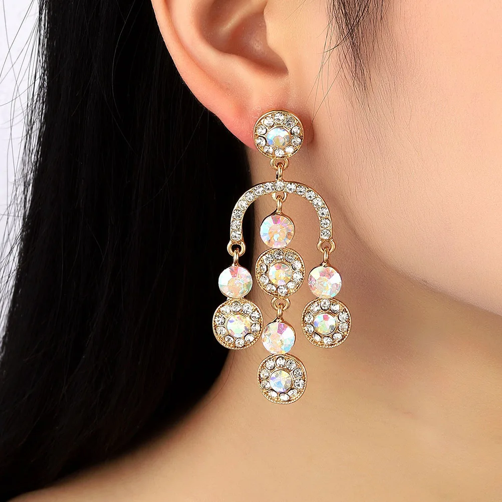 1 زوج قصر نمط الثريا أقراط سبيكة حجر الراين الزفاف المشاركة حفلة موسيقية أقراط للنساء أنيقة طويلة استرخى #1