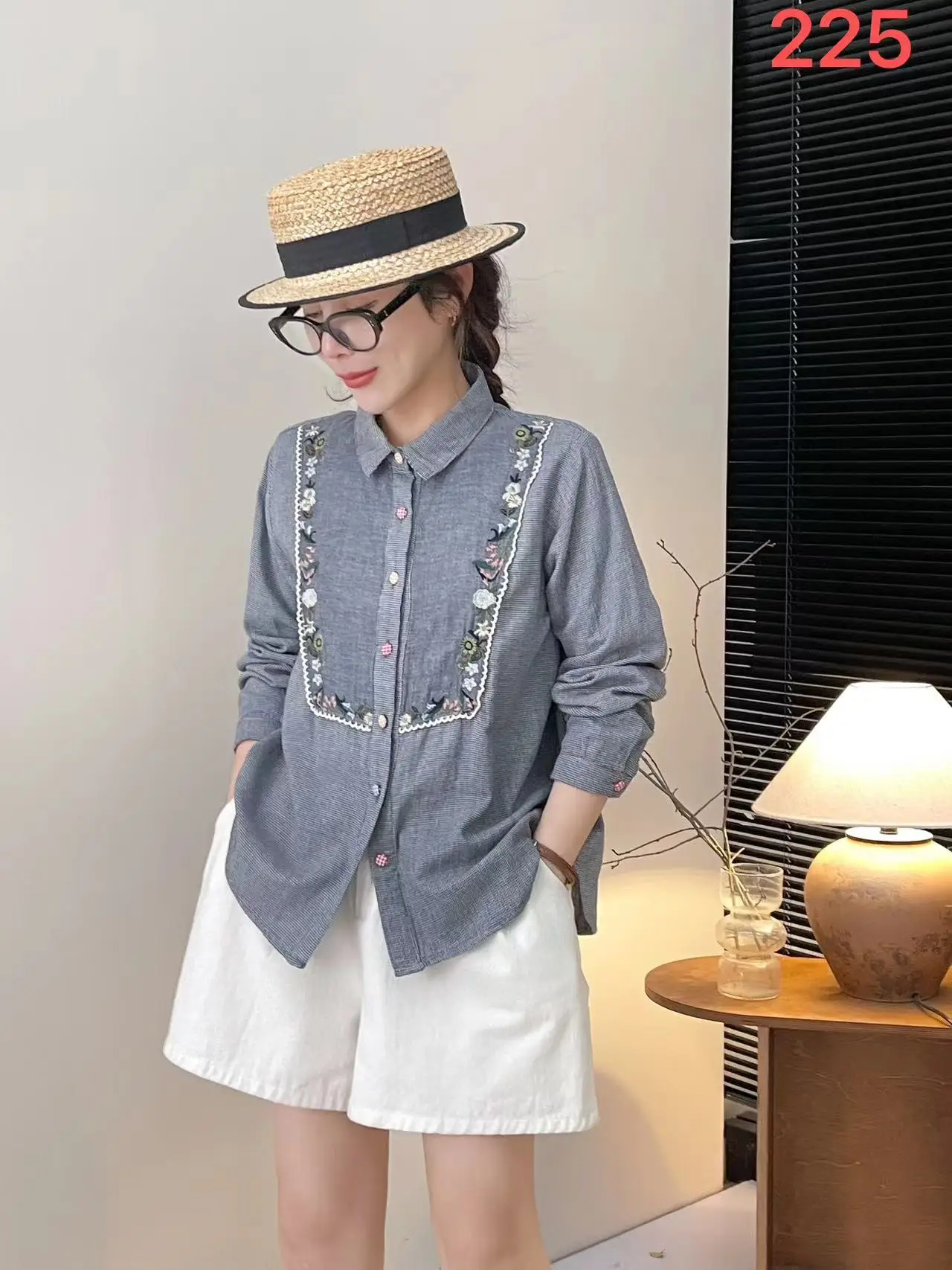 New Summer Cotton Long Sleeve Shirt, Women Lapel Embroidery Spliced Tops, Mori Girl Casual Loose Blouses, 2024 Autumn T47827QM