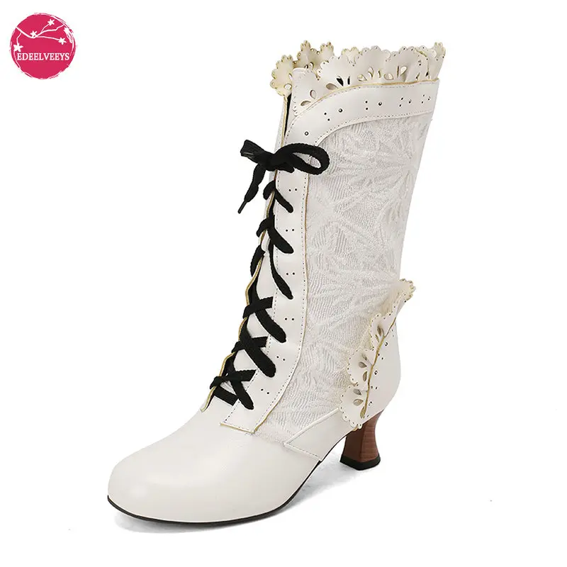 

Women Gothic Victorian Boots Kitten Heel Hollow Pleated Edge Mid Calf Boots Lace Up Boots Ladies Costume Witch Cosplay Shoes