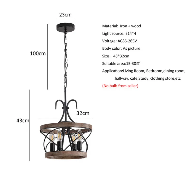 American Retro Iron Chain Pendant Light Multi Head Industrial Style Cage Living Room Dining Room Bar Cafe Wooden Pendant Lamp