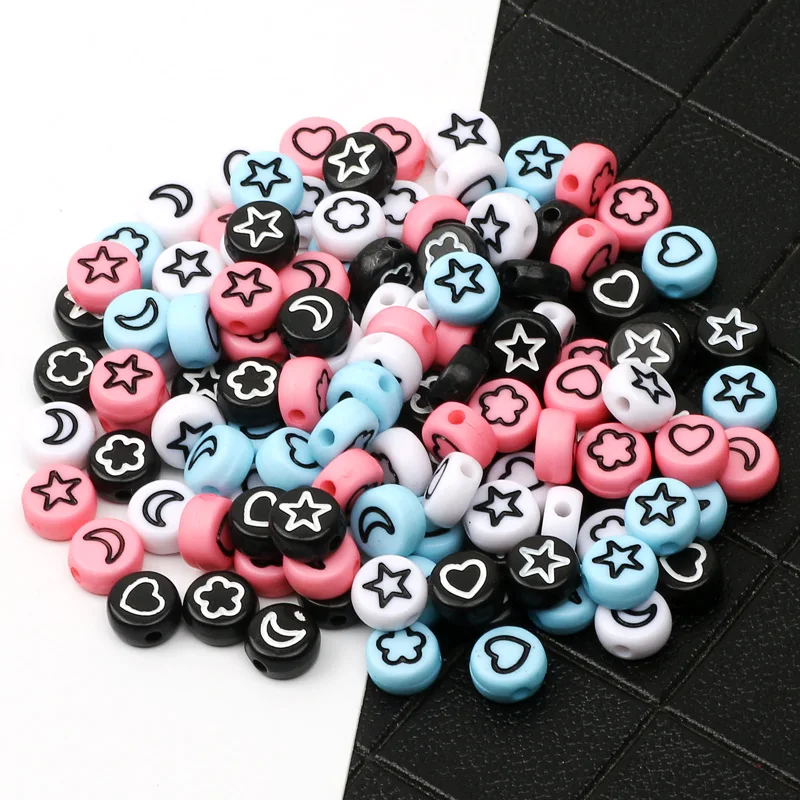 100Pcs Mixed Pattern Acrylic Beads Flat Round Loose Spacer Beads For Needlework Diy Jewelry Making Bracelet Necklace Accessories