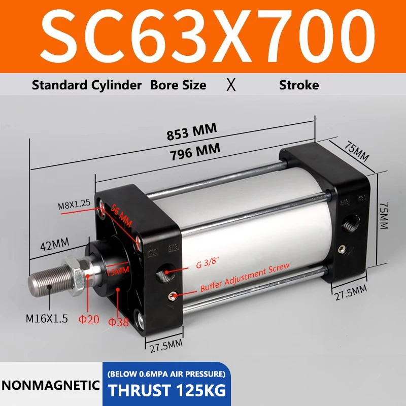 ABILKEEN SC63X700 Standard Pneumatic Cylinder 63mm Bore Size X 700 MM Stroke Double Acting Air Standard Cylinder