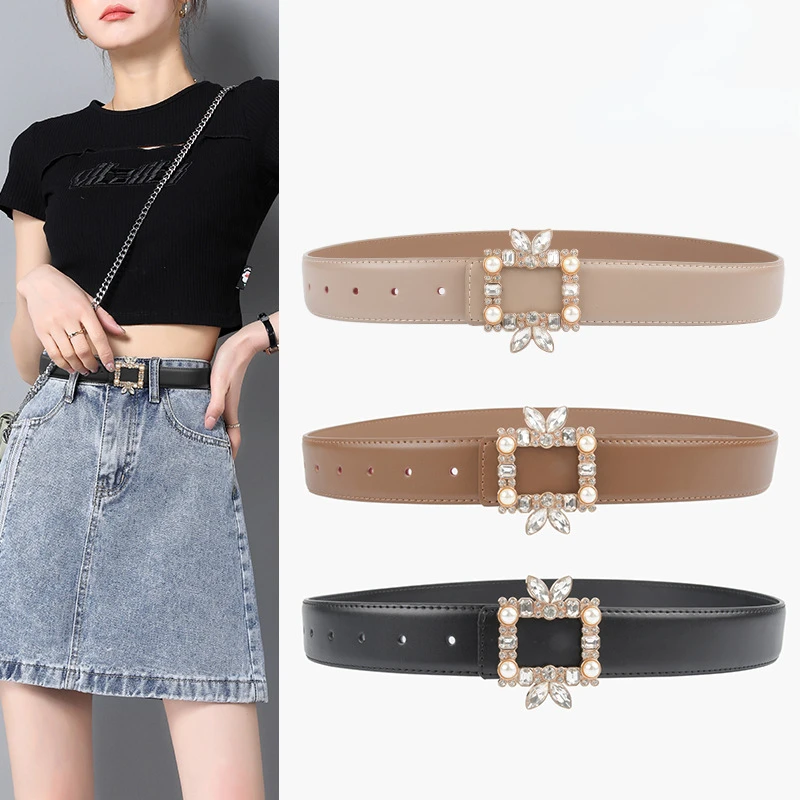 Pearl Rhinestone Buckle Waist Belt for Women 3.3Cm Wide Real Leather Belts Jeans Strap Blue White Pink Cowskin Ceinture Femme