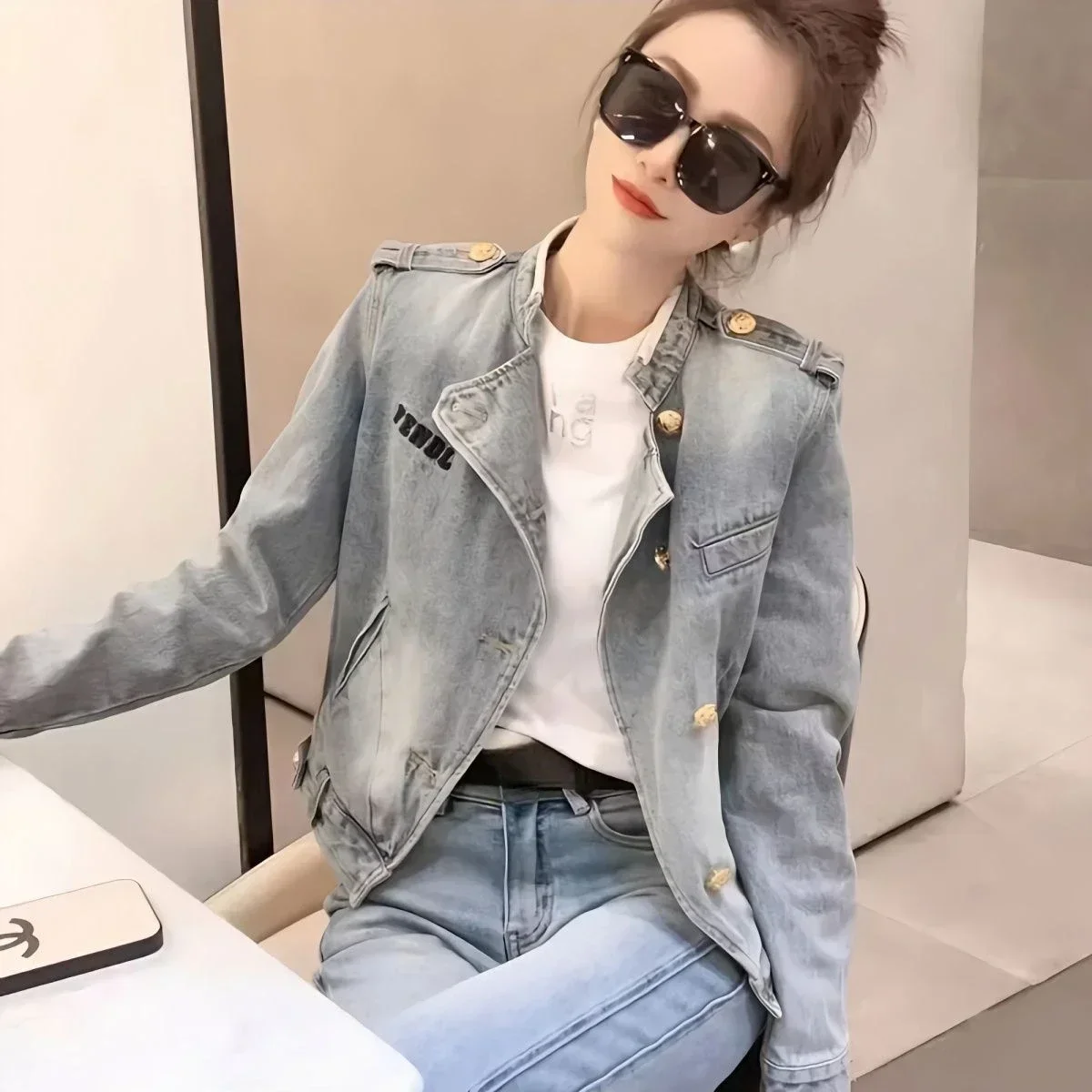 Outerwears Blue Crop Short Spring Autumn Female Jeans Coat Small Women's Denim Jackets in Promotion Luxury 2024 New Arrivals