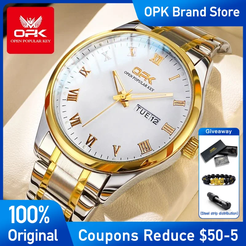 

OPK Mens Watch stainless steel quartz watch Dual calendar waterproof luminous luxury brand men's wristwatch