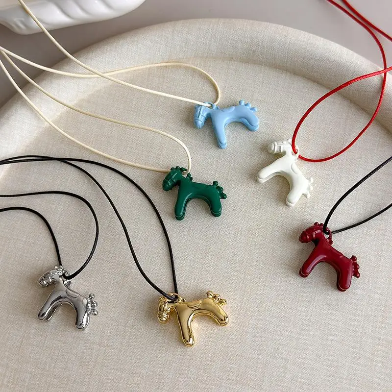Minimalism Enamel Drip Glaze Colorful Horse Pendant Long Necklace Adjustable Sweater Chain Simple Jewelry Accessory Gifts