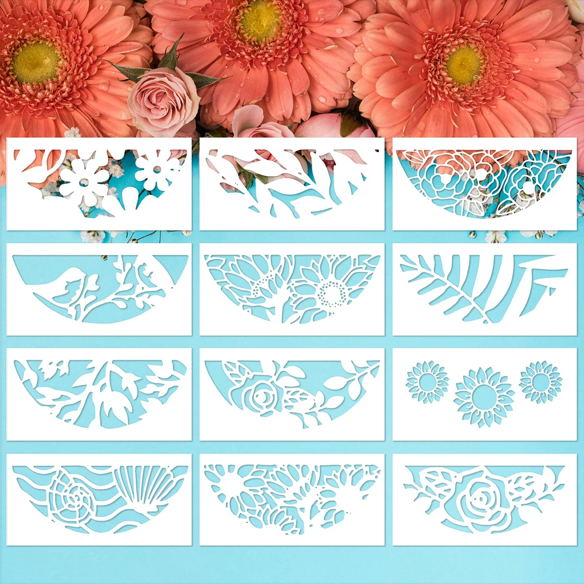 12PCS Plastic Flowers Painting Drawing Stencil Hollow Template DIY Home Decorations Tool Mold for Wall Wood Fabric Kids Gift