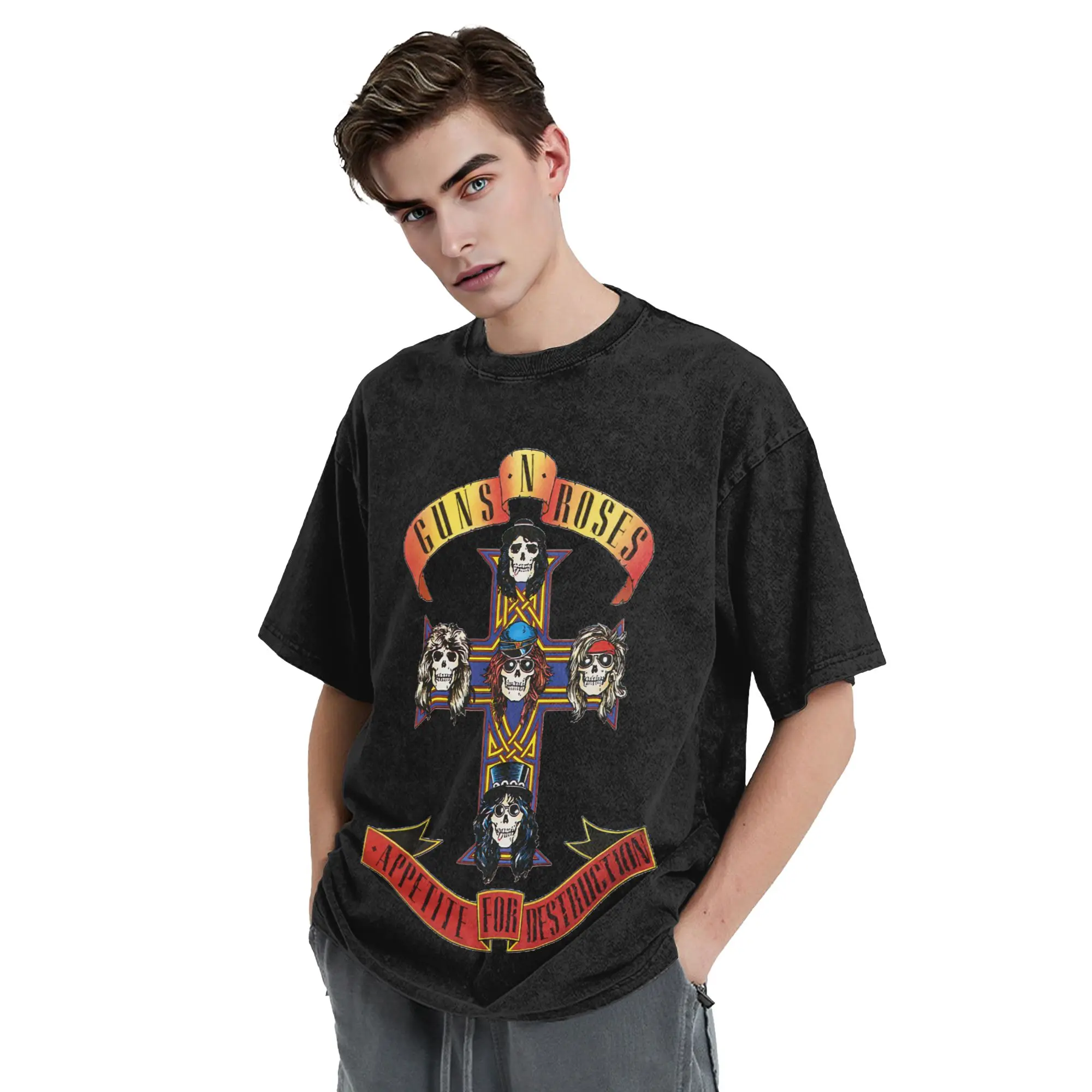 Guns N Roses Logo Washed T Shirts Streetwear Hip Hop Fashion T-Shirt  Tees Men Women Short Sleeve Oversize Printed - view 6