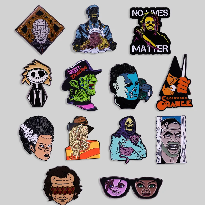 Coleção de filmes de terror esmalte pino masculino feminino broche assassino metal distintivo denim jaqueta mochila pino jóias dia das bruxas presente