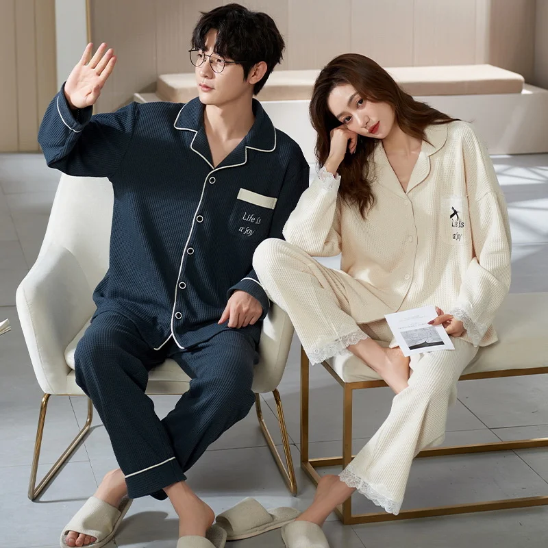 Spring Autumn Long-sleeved Korean Cardigan Cotton Sleepwear Two-piece Set Casual V-neck Cute Cartoon Loose Couples Pajamas