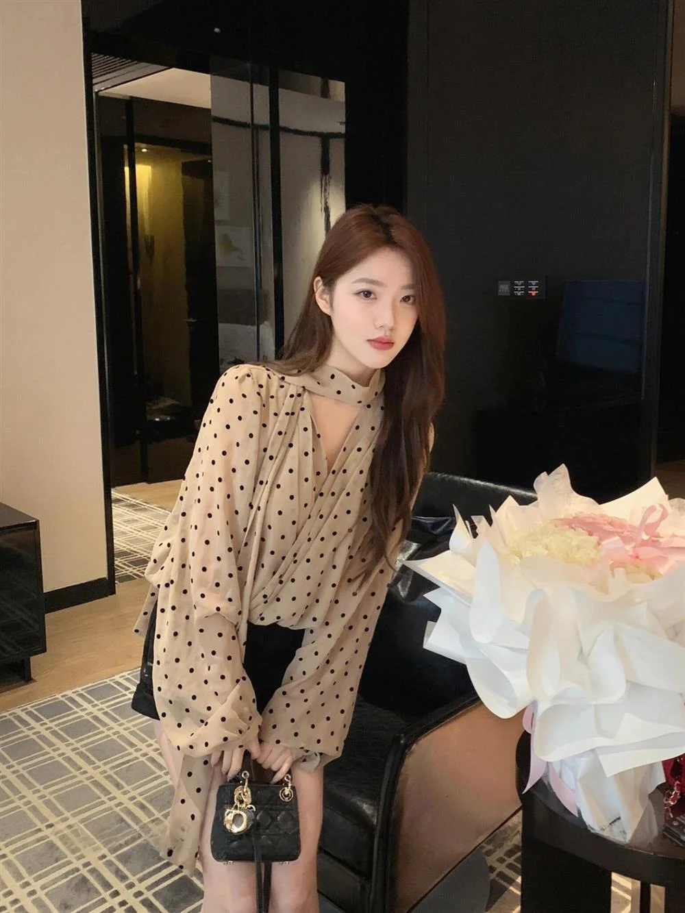 

Polka Dot Sa V Ne Long Sve Slim Fit irt Women's Pure Desire High End Sle Autumn Faion Ele Top