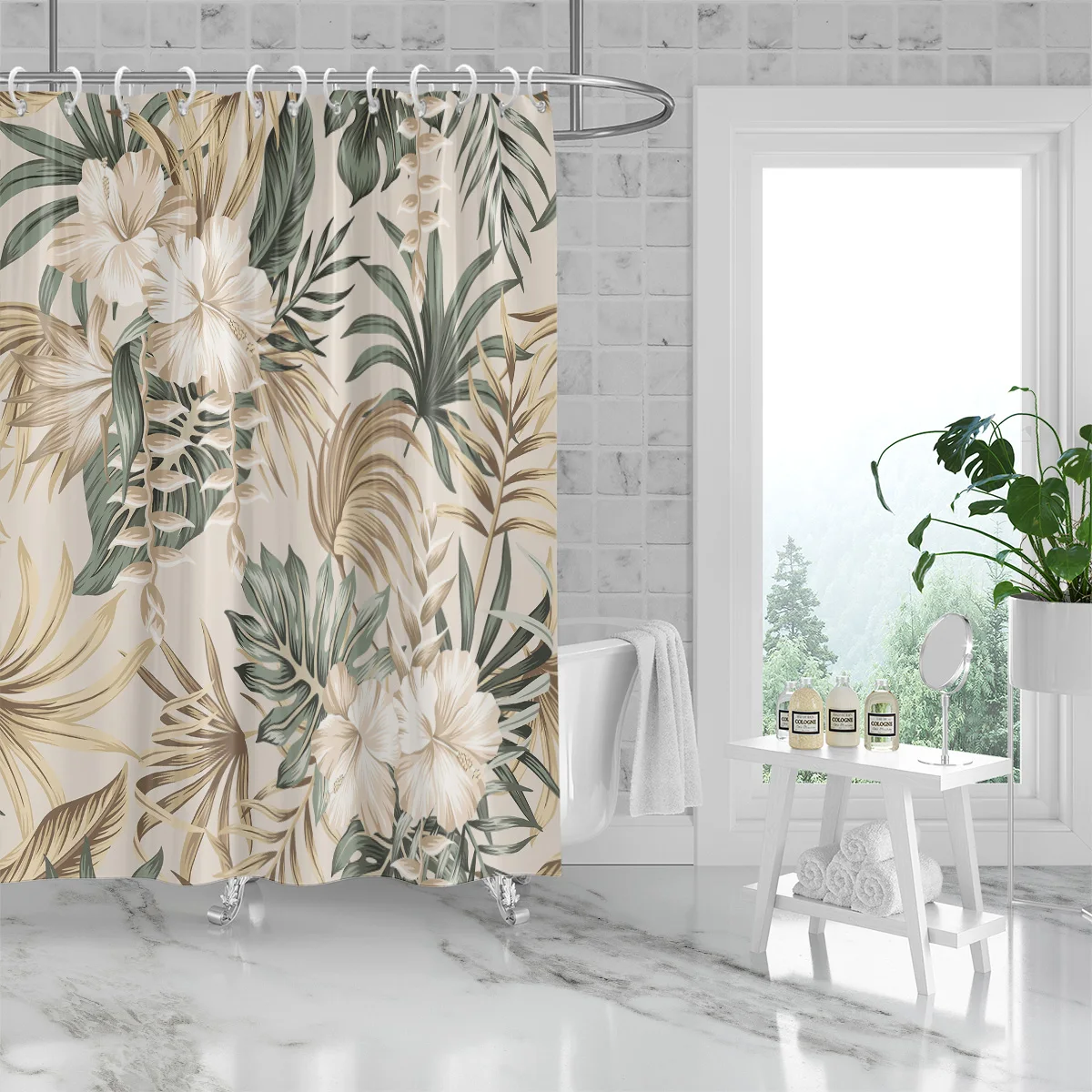 1pc Modern Light Luxury Hibiscus Flower Print Waterproof and Mildew-proof with Hook Machine Washable Bathroom Shower Curtain