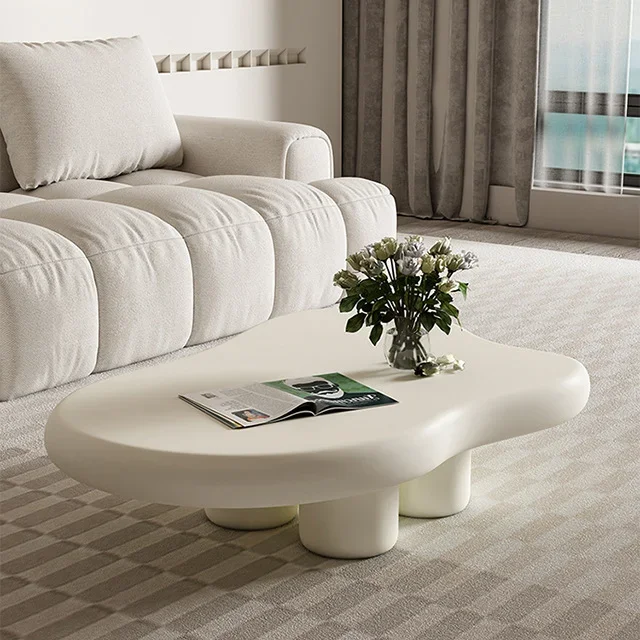 ATUNUS Minimalist Living Room Space Saving Abstract White Irregular Special Cloud Shape Low Wooden Unique Coffee Table