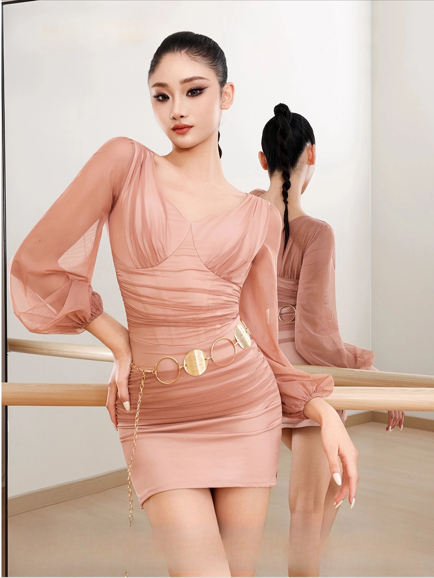 

UK Latin Dance Dress Mesh Long Sleeve Bodycon Dress with Open Back Slimming Design for Women Practice & Performance