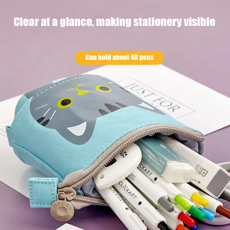 Cute And Simple Cat Design Retractable Pen Holder Bag Canvas Variable Large Capacity Pen Box School Stationery Children's Gift