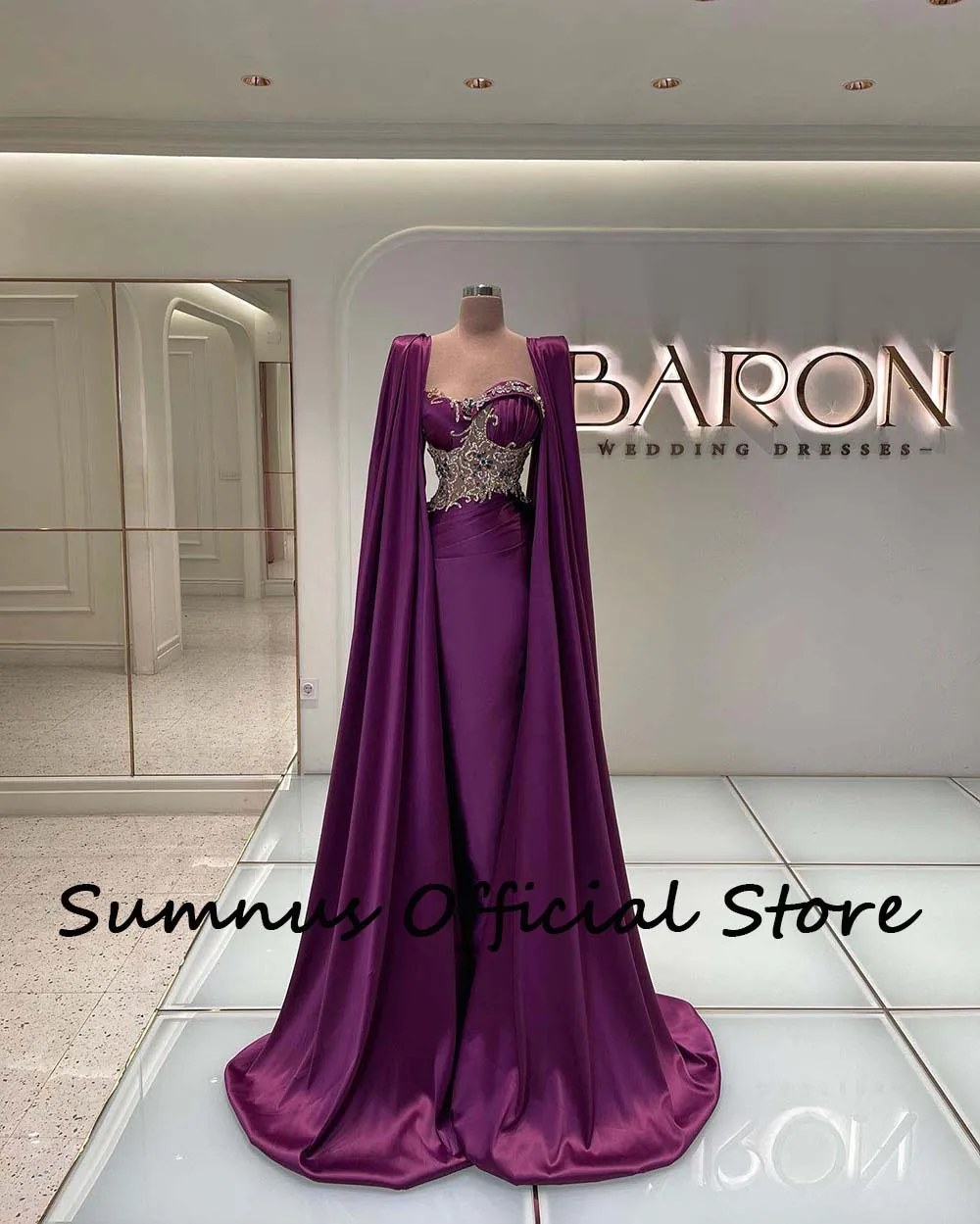 Sumnus Luxury Mermaid Evening Dresses Crystal Beads With Cape Ruched Satin Sweetheart Evening Prom Gowns Dubai Women Customized