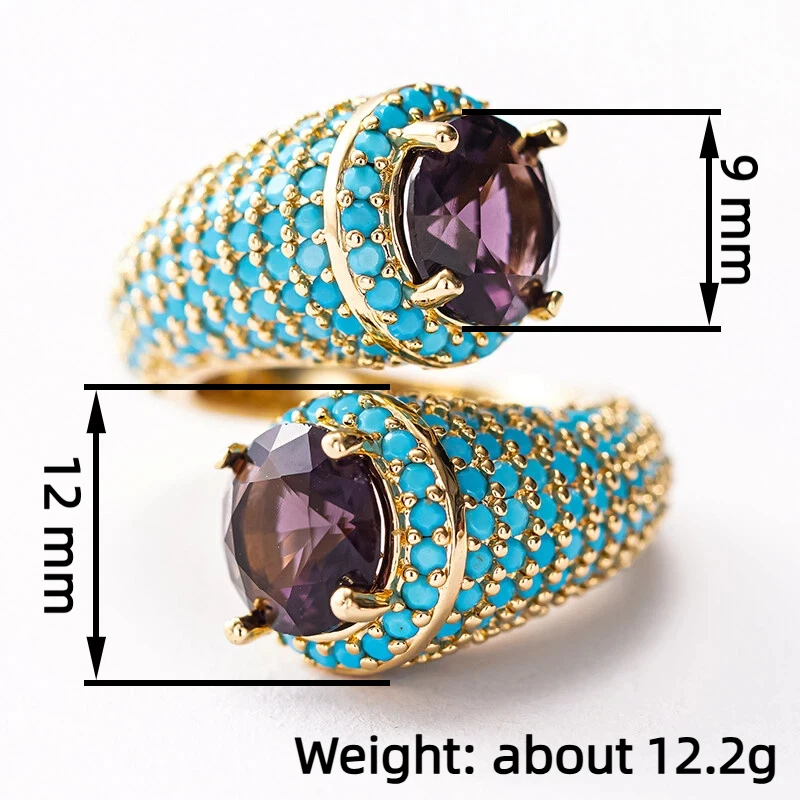 Huitan Bohemia Blaue Türkisringe für Frauen Luxuriöse Charmante Lila Kubische Zirkonia Goldfarbene Ringe Täglicher Party-Schmuck Geschenk – Detail 1