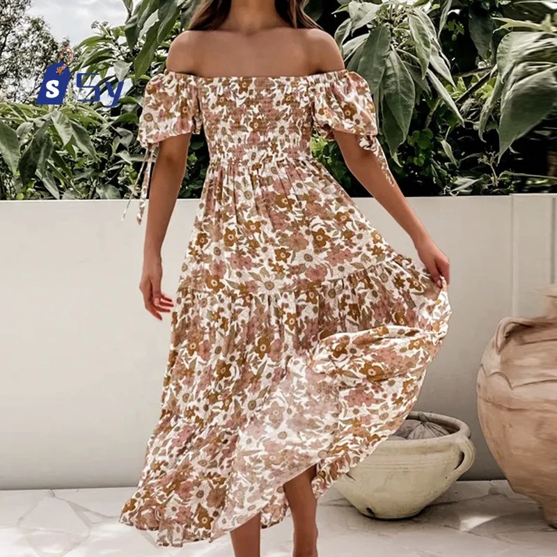 

Sy 2024 Romantic Floral Print Long Summer Dress Women Fashion Off Shoulders Straps Vacation Beach Dress Party Vestidos