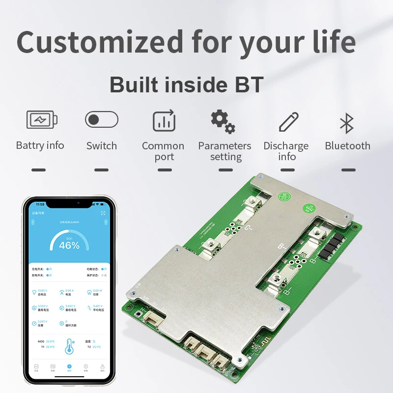 JBD ذكي BMS LiFePo4 4S بطارية حماية التوازن ، طاقة بدء تشغيل السيارة ، UART المدمج في وظيفة BT ، NMC LFP ، 12 فولت ، 100A ، 150A ، 200A