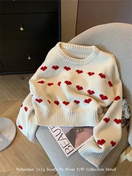 Fashion Simple Classical Knitted Sweater Heart  Print O-Neck Long Sleeve Pullovers Preppy Style Sweet Chic Autumn Y2K Streetwear