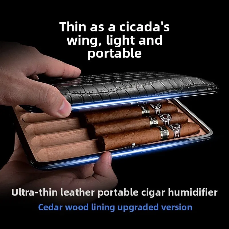 Cigar Case Portable Cedar Wood Lining Crocodile Leather Pattern Travel Business Trip Cigar Humidor Case Accessories Moisturizer