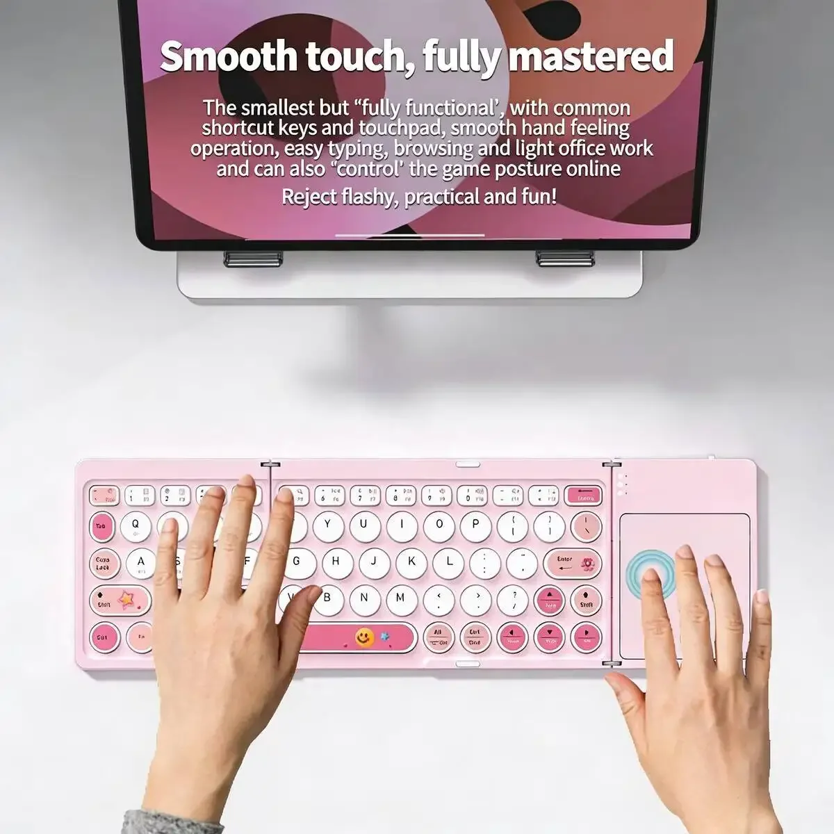 New Ultra-Thin Tri-Fold Wireless Bluetooth Keyboard Cute Pink Rechargeable Portable for Tablet iPad Laptop Android iOS Girl Gift