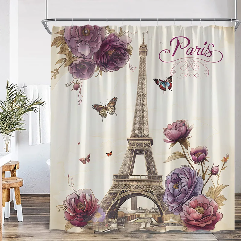 Vintage Paris Tower Shower Curtains Watercolour Floral Butterfly Modern Polyester Fabric Bathroom Curtain Decorative with Hooks