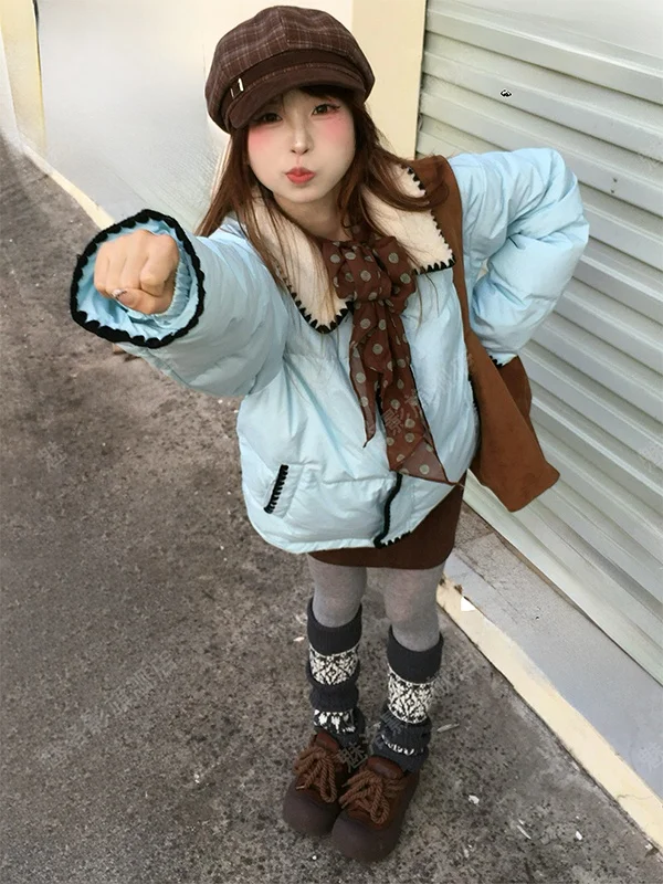 

Утепленная хлопковая куртка женская в корейском стиле, с пэчворком и объемным дизайном, зимнее пальто свободного кроя с длинными рукавами, воротником и одной пуговицей