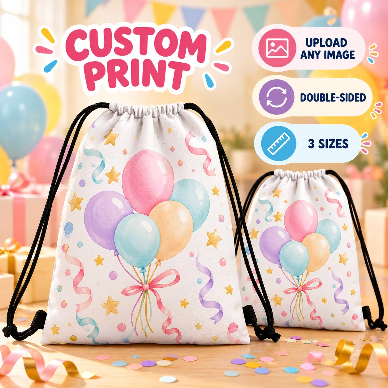 Custom Drawstring Backpack Bag, Personalized Any Image Photo Portable Storage Bag for Gym Shopping Travel Party