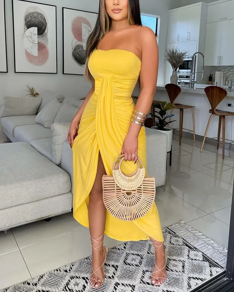 فستان نسائي أنيق بدون حمالات بلون سادة مكشوف الأكتاف بدون أكمام مكشكش بخصر عالٍ فستان صيفي للحفلات للسيدات #5