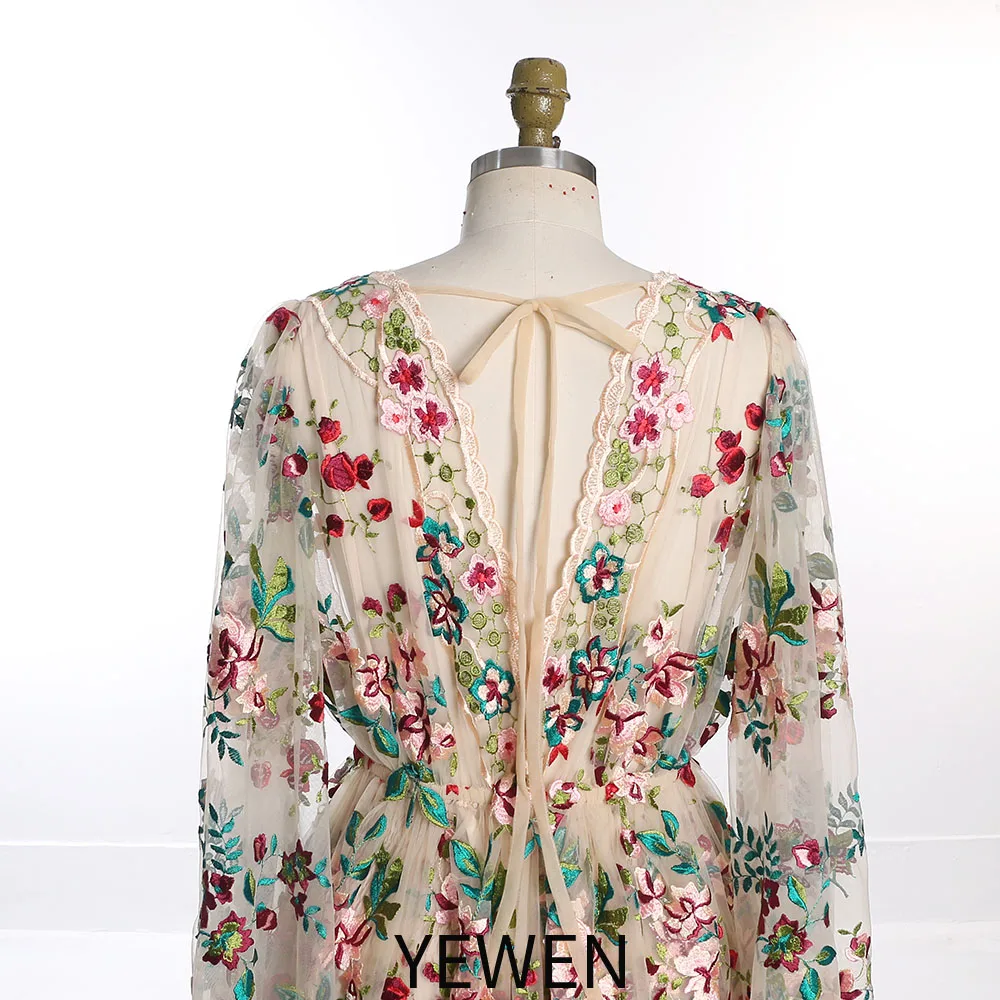 V-Ausschnitt, lange Ärmel, Blumenstickerei, Spitze, maßgeschneiderte Anlasskleider für besondere Anlässe, Kleid für schwangere Frauen YW231000