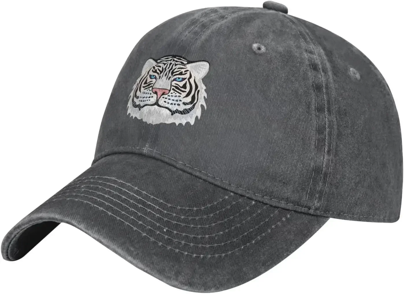 

White Tiger Distressed Adjustable Washed Denim Mens Dad Outdoor Trucker Hat All Seasons TravelBaseball Ball Cap