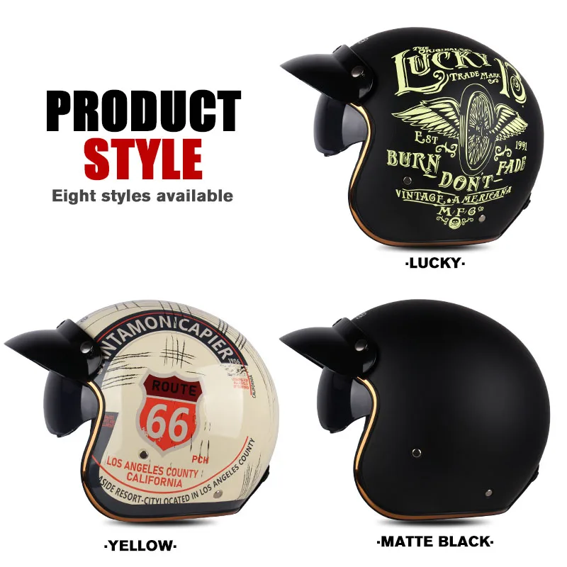 UCHOOSE 3/4 vintage helmet, motorbike classic retro, open face men's and women's motorbike helmets,,with bubble mirror