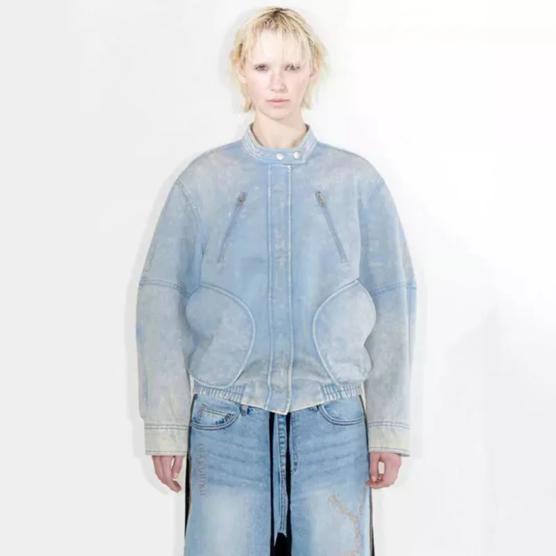 

Retro Waed Biker Sle Jaet Casual Outerwear Openyy Gold ting Spring 2024 Men's Faion Wear Resistant Thin Long Sve