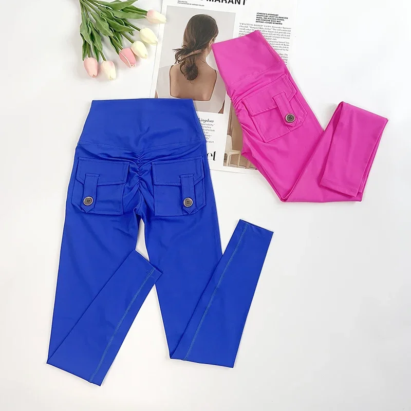 

Женские брюки для фитнеса и йоги с высокой талией, спортивные эластичные леггинсы с задними карманами, леггинсы с эффектом пуш-ап, одежда для бега, спортзала