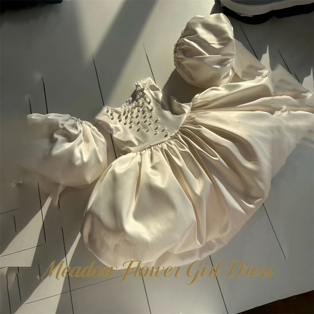 Meadow Ivory Satin Princess Girls Dress Round Neck First Communion Gown Beading On Chest Children Birthday Wedding Dresses