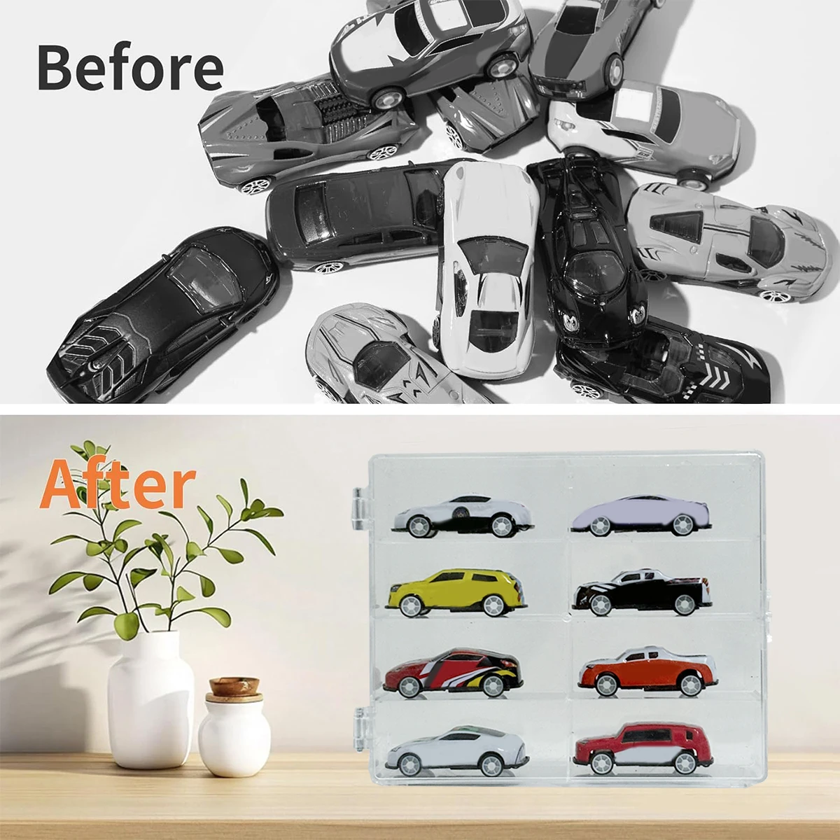 1pc suporte de exibição de carro de brinquedo de rodas quentes, caixa transparente compartimentalizada para armazenamento de modelo de carro pequeno