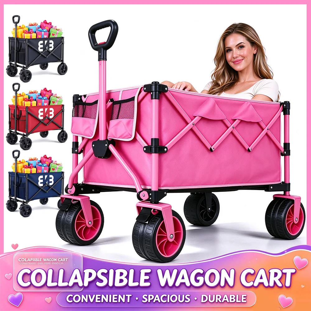 150L Collapsible Wagon Cart With Brake Swivel Wheels, Rear Opening Design. ReinforcedOxford Fabric, Telescopic Handle, Multi-Purpose Trolley For Camping. Picnic, Grocery, Garden,Beach, Available In Black, Red, Blue,