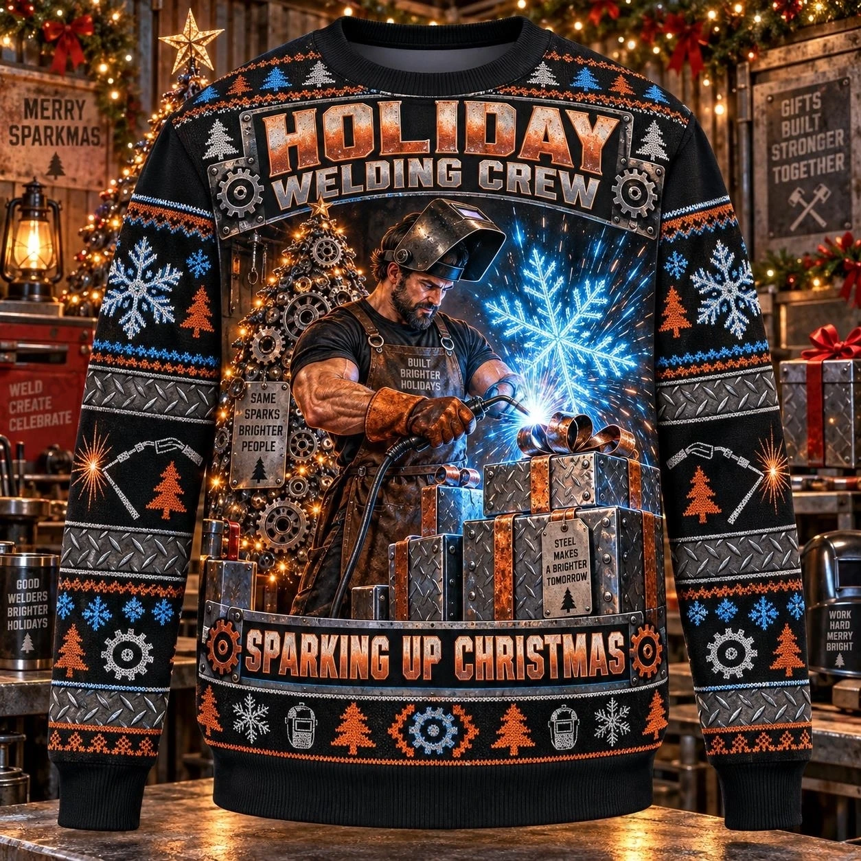 Ugly Christmas Sweater Welder Welding Crew Crewneck Sweatshirt Polyester 3D Print Holiday Pullover Gift Men