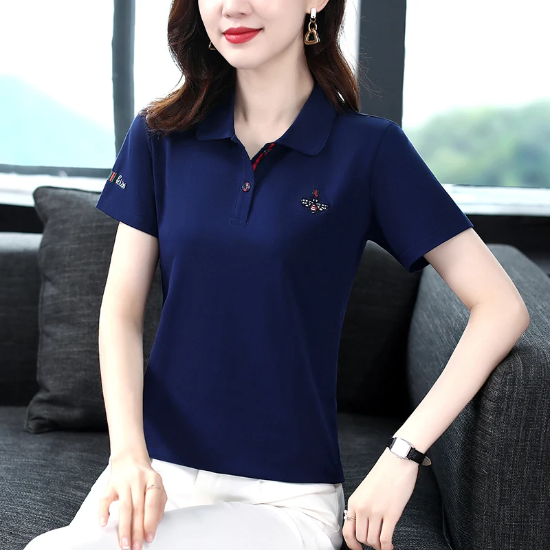 Letnia bawełniana koszulka damska w dużym rozmiarze, sportowa, z kołnierzykiem, luźny krój, oddychająca, odprowadzająca pot...